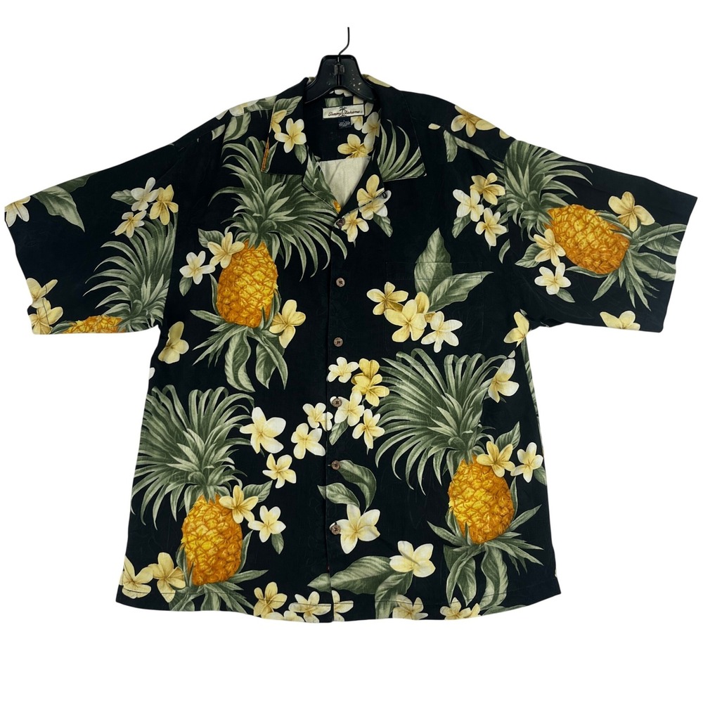 Tommy Bahama Relax Pineapple Shirt Mens Large Black Silk Tropical Aloha Camp